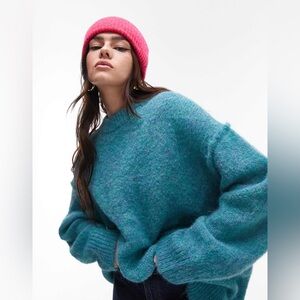Topshop Fluffy Oversized Teal Crew Neck Sweater
